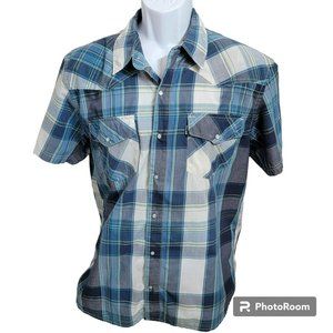 Levis Shirt, Men Large, Blue, Gray & White Plaid, Snap Front, Short Sleeve, EUC